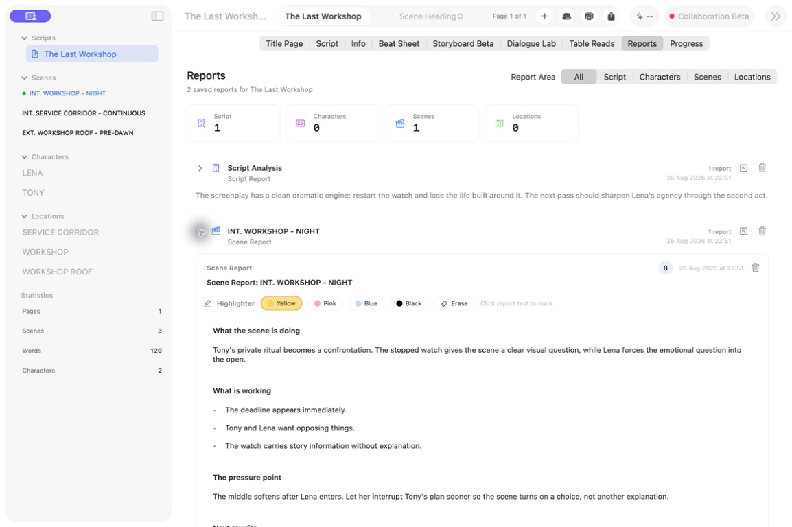 ForgePad scene report showing scene purpose, conflict and tension