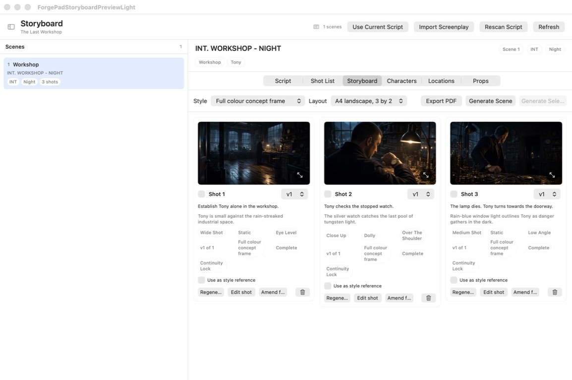 ForgePad storyboard with scene-linked visual shot planning