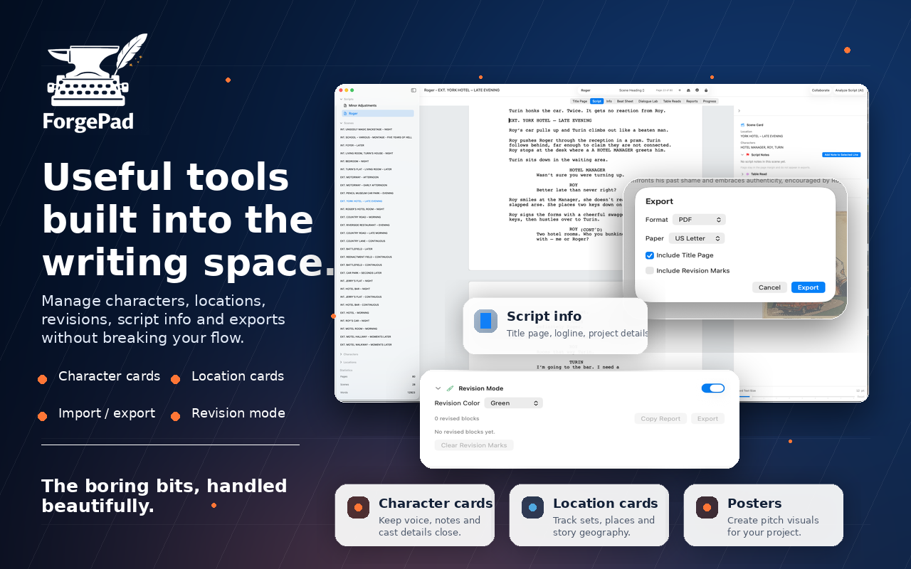 ForgePad feature roundup with script info, exports, revision mode, cards, and posters