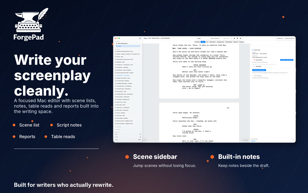 ForgePad screenplay editor with scene sidebar and built-in notes